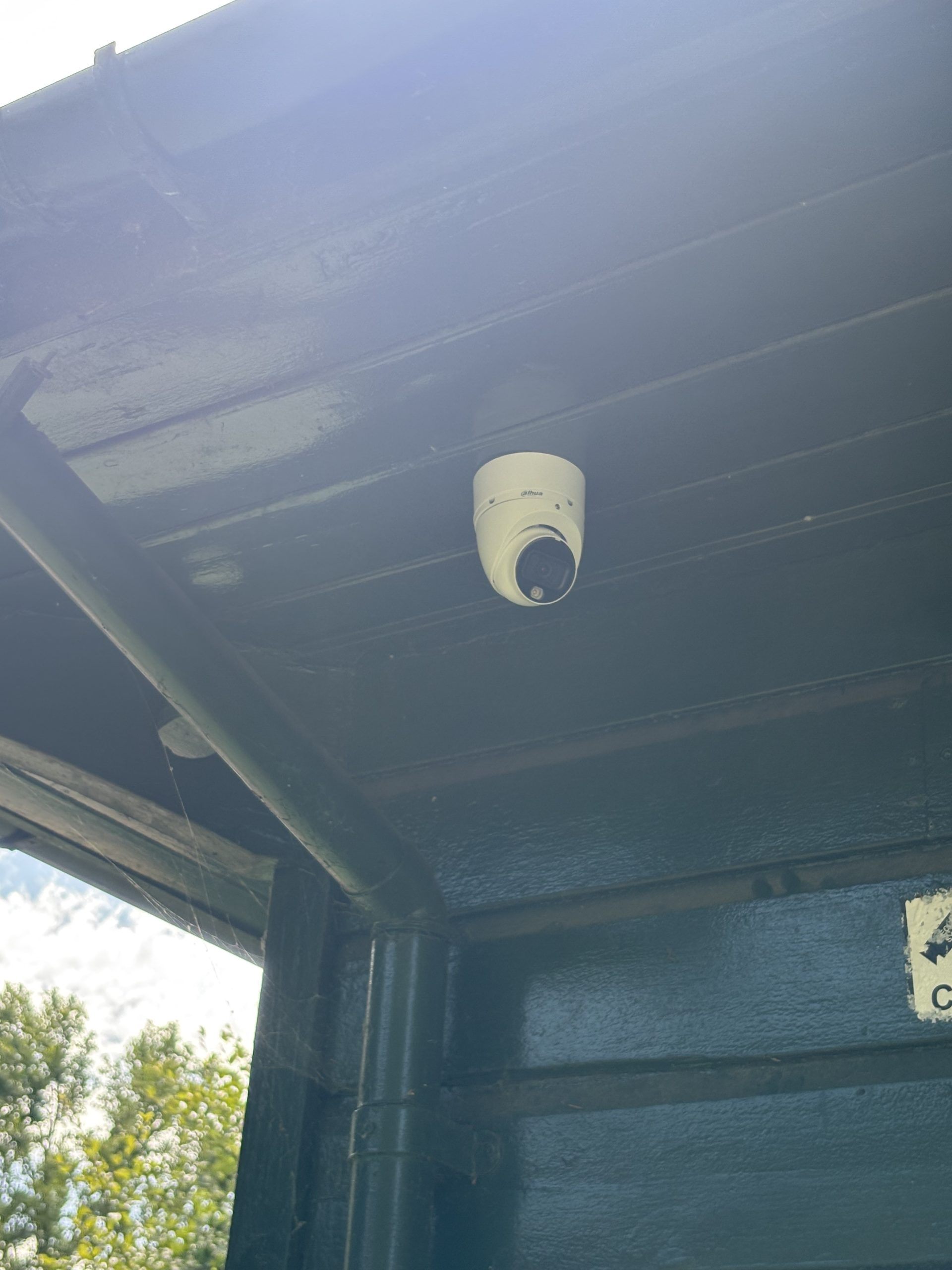 CCTV camera installed under a building eave