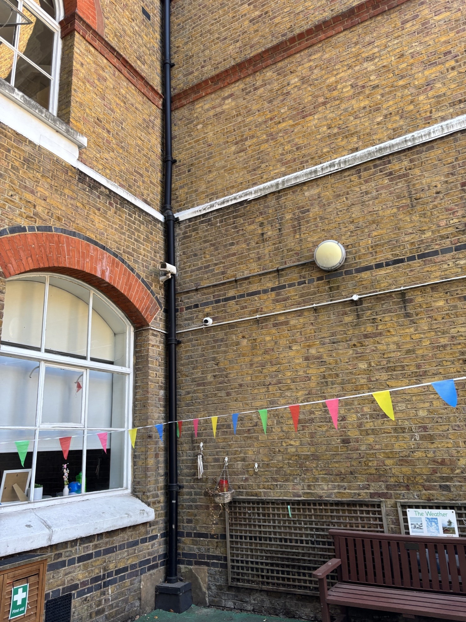 CCTV camera mounted on a brick building exterior